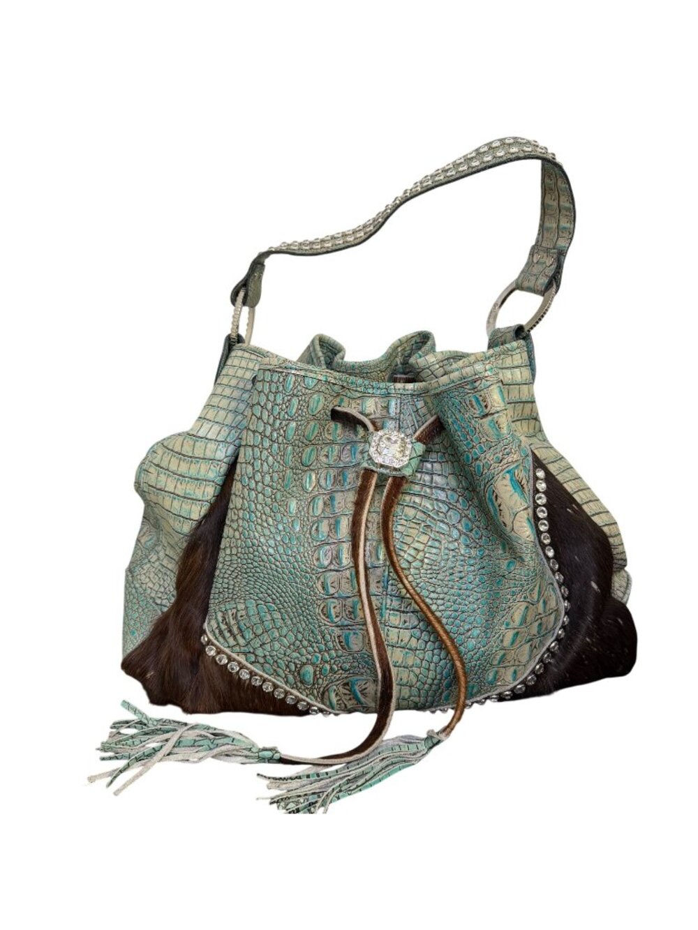 Raviani Turquoise Croc Embossed Leather & Crystal Hide Shoulder Bag